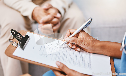 Image of Nurse, clipboard and pen for checklist with patient, healthcare service and medical information. Closeup doctor hands writing documents, research and questions for report, planning and wellness admin