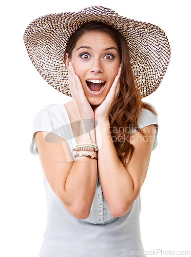 Image of Woman, surprise and studio portrait with hat for summer, fashion and excited for holiday with beauty. Model, sunhat and wow face with hands, happy and clothes for style, design and white background