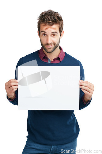 Image of Branding, sign and portrait of a businessman with paper isolated on a white background. Marketing, work and young employee with a mockup space poster advertising a brand on a studio background