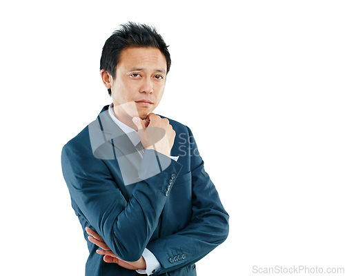 Image of Executive, corporate and portrait of a businessman with arms crossed isolated on a white background in studio. Vision, ceo and Asian worker in a suit for professional work on a studio background