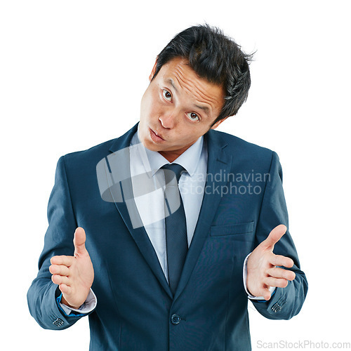 Image of Confused, joke and portrait of businessman in studio with comic and meme face expression. Young, suit and Asian male model with corporate outfit and dont know gesture isolated by a white background.