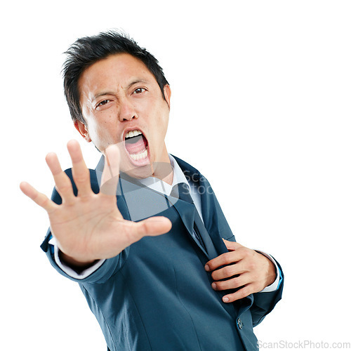 Image of Businessman, angry and stop hand portrait with shouting, frustrated and unhappy face for stress. Asian corporate ceo screaming in distress on isolated studio white background with formal suit.