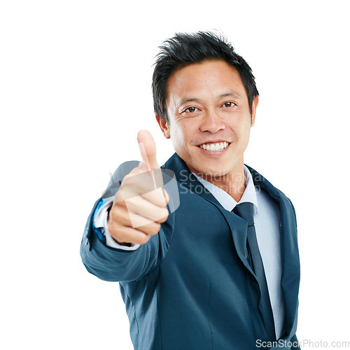 Image of Portrait, thumbs up and business man in studio on a white background mock up. Face, support and happy male employee with hand gesture for like emoji, approval or thank you, yes and success motivation