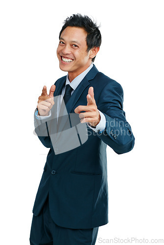 Image of Motivation, happy and portrait of a businessman with finger guns isolated on a white background in studio. Success, corporate and Asian worker with hand gesture for greeting on a studio background