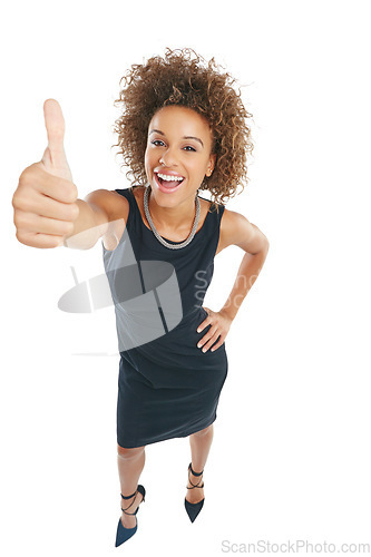 Image of Business woman and thumbs up for success portrait with proud smile and vote in corporate style. Yes, approval and agreement sign of black woman worker at isolated studio white background.