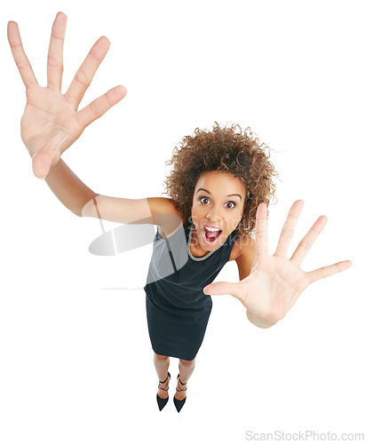 Image of Wow, happy and portrait of a black woman with hands isolated on a white background in studio. Shocked, surprise and above of an African business woman with a hand gesture on a studio background