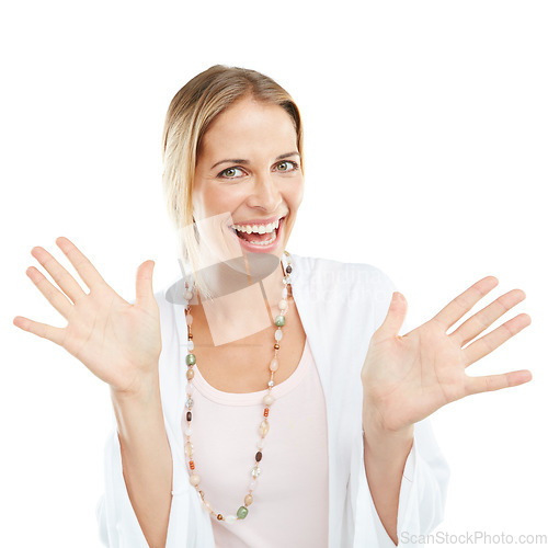 Image of Surprise, hands wave and portrait of a mature woman with happiness and a smile showing palms. White background, happy and isolated model excited with hand waves in a studio with mock up and smiling