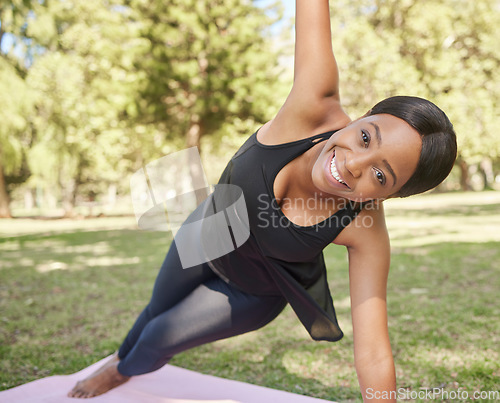 Image of Black woman, yoga or stretching on mat in nature park for zen healthcare wellness, relax exercise or workout training. Portrait, smile or happy fitness yogi on garden grass in mindset balance pilates