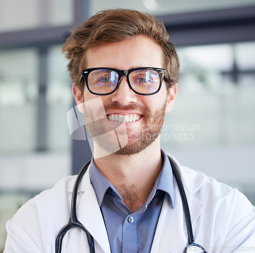 Image of Medical, smile and glasses with portrait of doctor for consulting, medicine and surgery in hospital. Healthcare, wellness and vision with face of man in clinic for cardiology, innovation and goals