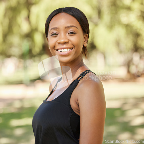 Image of Park, fitness or portrait of a black woman in exercise workout or training in nature with goals. Wellness, face or healthy gen z girl with a calm, peaceful or happy smile in Nigeria with freedom