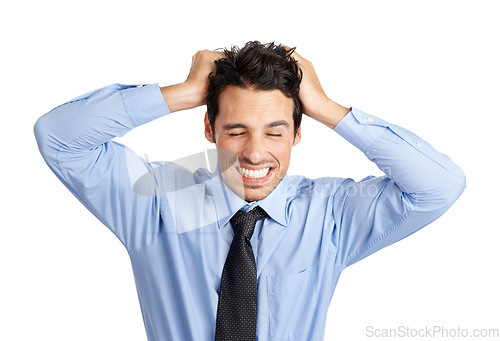 Image of Frustrated businessman, stress and pulling hair on studio background in finance fraud, money laundering or mistake. Worker anxiety, crisis or nervous employee with mental health burnout or stock loss