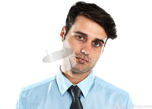 Image of Portrait of man with stitched mouth, depression and mental health isolated on white background. Victim censorship, silence and abuse, sad censored businessman with lips sewn to shut up in studio.