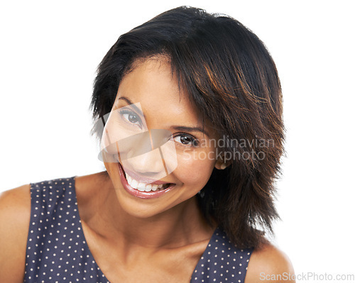 Image of Black woman, portrait or trendy brunette hairstyle on isolated white background in keratin treatment or dye color marketing. Zoom, face or happy smile on beauty model, brown hair or makeup cosmetics