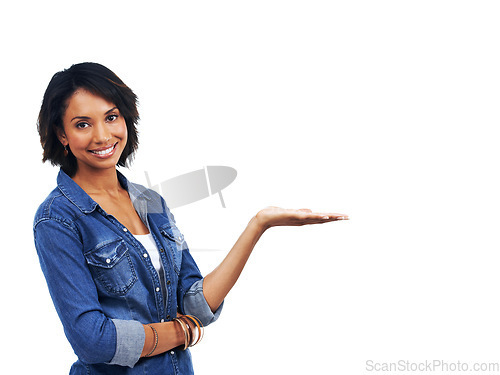 Image of Mockup, happy or black woman in studio with marketing, product placement or branding space. White background, portrait or African girls hand advertising discount, sales or promotional deal offer