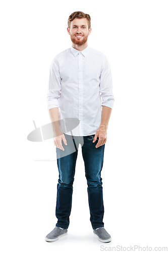 Image of Fashion, natural and portrait of a man in a studio with a stylish, casual and luxury outfit. Happy, smile and young male model with style, cool and trendy clothes isolated by a white background.