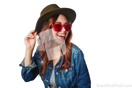 Image of Woman, smile and hat with glasses in fashion with style for summer against a white studio background. Happy isolated female smiling in happiness for stylish sunglasses or clothing on white background