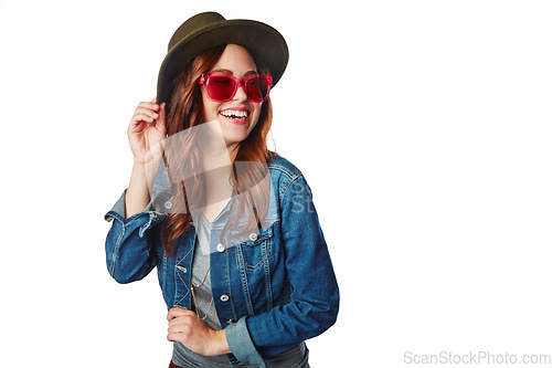 Image of Happy, gen z and youth girl fashion with trendy style, sunglasses and excited smile for marketing. Happiness, cool and young fashionista model isolated on white background for advertising mockup.