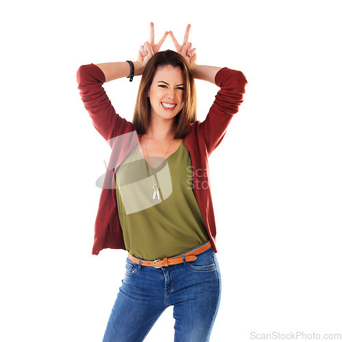 Image of Woman, smile and hands in peace sign posing in casual fashion against a white studio background. Portrait of isolated happy female model standing and smiling in happiness with hand gesture on head