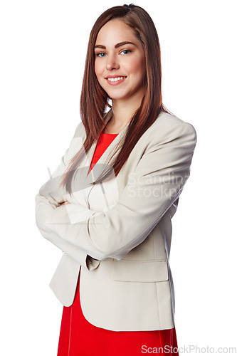 Image of Management, leadership and portrait of business woman for marketing, innovation or vision. Professional, executive and future with isolated employee for mindset, career or goal in white background