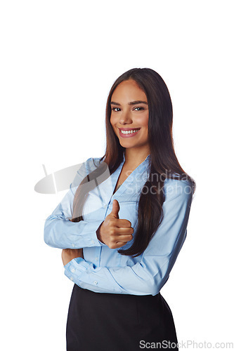 Image of Thumbs up, business woman and portrait of a model with winner, thank you and success hand sign. White background, happy employee and isolated female entrepreneur worker smile with vertical mockup