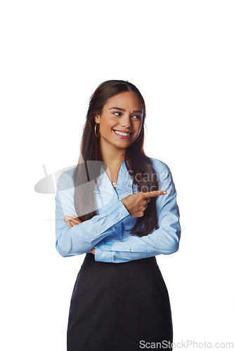 Image of Business woman, pointing finger and mockup space for advertising sale, brand discount and deal in studio. Happy female with hand for marketing promo product placement isolated on a white background