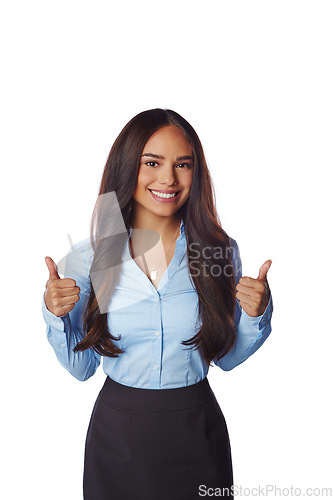 Image of Business woman, smile and thumbs up for discount, deal or winning against white studio background. Portrait of a isolated happy female employee model standing with thumbsup for good job, done or sale