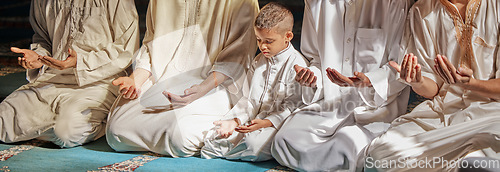 Image of Muslim pray, child or men learning to worship Allah in holy temple or mosque with gratitude as a family. Islamic, education or people in praying with boy or kid for Gods teaching, spiritual peace