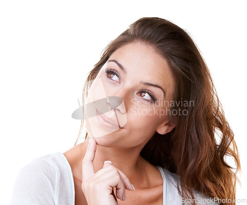 Image of Thinking, happy and woman with a solution, decision and smile for an idea on a white background in studio. Day dreaming, vision and face of a curious girl with a choice, facial why and planning ideas