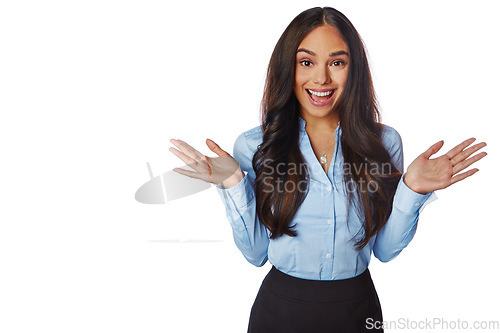 Image of Happy, excited and business woman in a studio with a positive mindset, good news and surprise. Happiness, amazed and corporate female model with a surprised hand gesture isolated by white background.