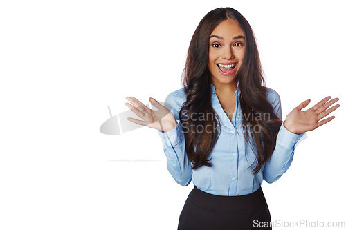 Image of Business woman, surprise and happy for winning, deal or sale on mockup against a white studio background. Portrait of isolated excited employee female smiling in wow for promotion on white background