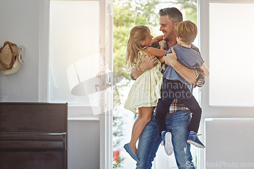 Image of Family, father and children with hug and fun, love and hello at door with happiness in family home. Happy people, parent and kids with care, lifestyle and wellness with bond and excited together