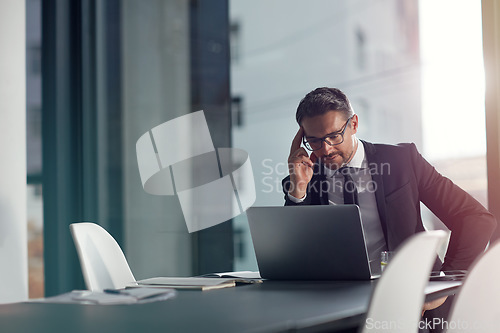 Image of Laptop, thinking and boardroom with a businessman working on research for future company growth. Computer, idea and innovation with a male employee or manager in his office with review his strategy