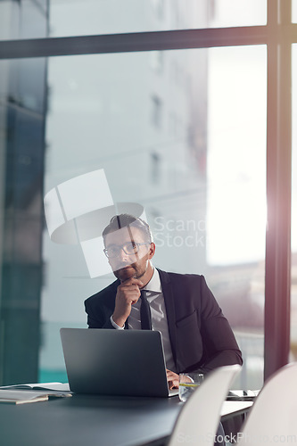 Image of Portrait, business and man with laptop, trading and fintech for investment, financial growth and management. Male employee, investor and digital schedule for profits, finance and corporate leadership