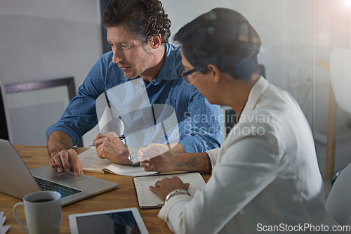 Image of Team, laptop and planning strategy or writing report note, web research innovation or tech partnership conversation. Diversity, teamwork and analytics business meeting with digital device in office