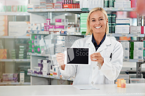 Image of Tablet screen, pharmacy and pharmacist woman with mockup for medical software, e commerce and online medicine. Digital technology, retail application and portrait of healthcare worker show mock up