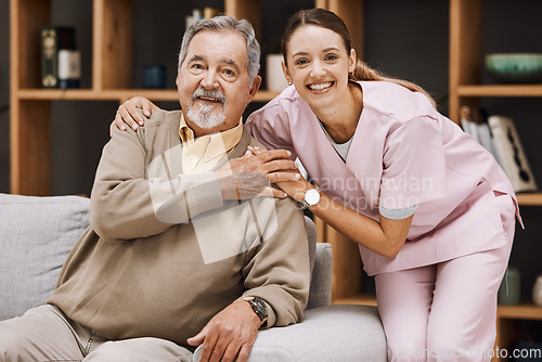 Image of Healthcare, support and doctor with a senior man for medical attention, consulting and nursing from a house. Trust, hug and portrait of a caregiver with support for an elderly patient in retirement