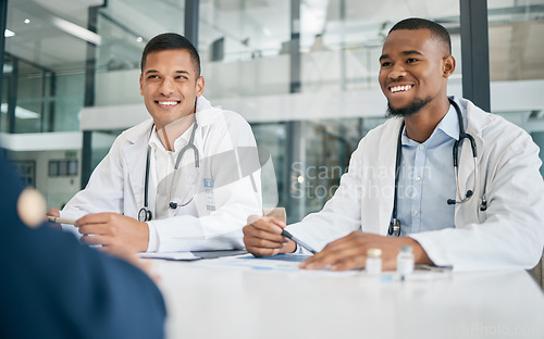 Image of Teamwork, healthcare and doctors in meeting at hospital with patient. Wellness, consultation and person consulting medical professionals for advice, assistance or help with vaccination information.