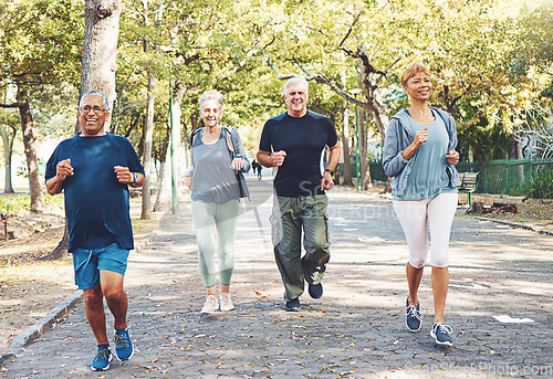 Image of Fitness, running and senior people in park for healthy lifestyle, body wellness and cardio wellbeing. Sports, retirement and group of elderly men and women workout, exercise and training in nature