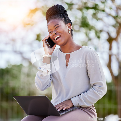 Image of Black woman, laptop and phone call outdoor for business conversation, creative planning and morning strategy management. African girl, digital tech communication and corporate call in nature park