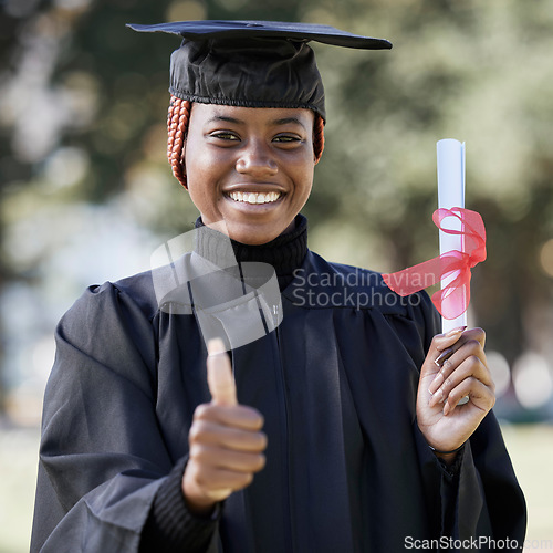 Image of Portrait, black woman and thumbs up for graduation, education and success with degree. African American female, hand or student with scholarship, graduate and diploma with achievement, goal and smile