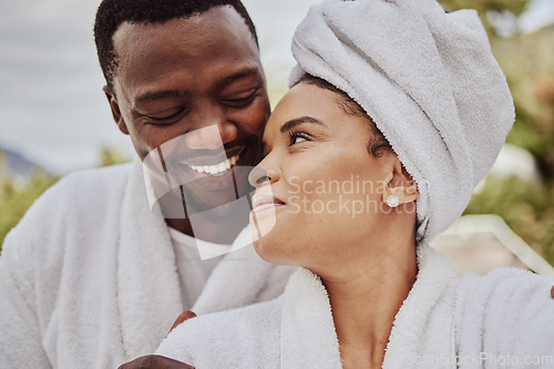 Image of Spa, wellness and relax with a black couple in a health center or luxury resort for romance and dating. Vitality, rest and relaxation with a man and woman at a resort for a romantic weekend getaway
