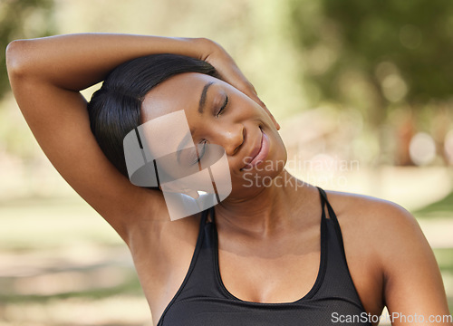 Image of Black woman, fitness or neck stretching in nature park for healthcare wellness, relax exercise or workout training. Sports athlete, person or runner in warm up for muscle pain relief in garden field