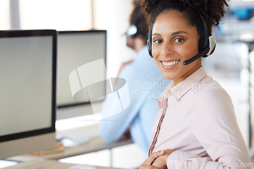 Image of Call center, computer and portrait of business woman in office for customer service, technical support or consulting. Technology, mockup and website with black woman advisor for help desk agency