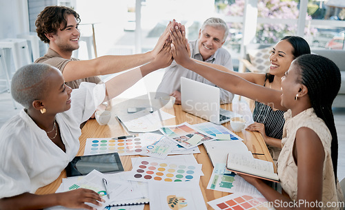 Image of Designer, teamwork or employees high five for meeting kpi goals, sales target success or group achievement in office. Winners, color or happy creative people with pride, motivation or winning mindset