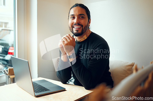 Image of Portrait smile, startup cafe or man with laptop for social media, networking or blog content review. Manager, happy or coffee shop employee with tech for social network, research or internet app