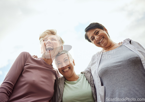 Image of Senior women, outdoor exercise and laughing for fitness, workout and support on mockup sky background. Low angle, elderly female group and sports friends excited for community wellness and freedom