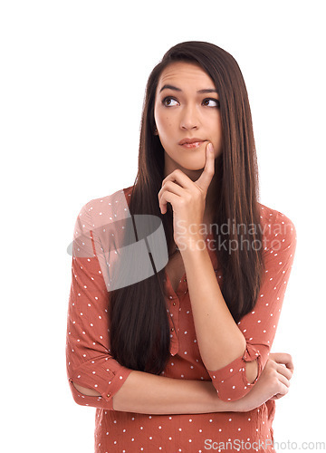 Image of Thinking, confused and doubt with a woman in studio isolated on a white background while contemplating. Idea, decision and choice with an attractive young female pondering or standing finger on chin