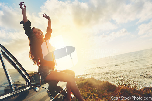 Image of Road trip, freedom and woman sunset on beach for travel, journey and summer holiday celebration. Celebrate, girl portrait on vintage, retro car for outdoor vacation, parking and nature drive by ocean