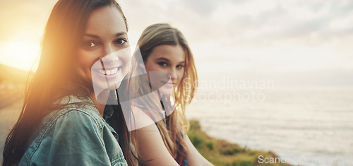 Image of Friends at sunset, women at the beach with travel and adventure portrait, outdoor with nature and sea holiday. Road trip mockup, freedom and gen z youth on summer vacation, happiness with lens flare