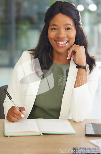 Image of Writing, portrait and business black woman with notebook at her office desk for Human Resources planning, strategy and time management. Schedule, planner and african corporate worker with hr ideas